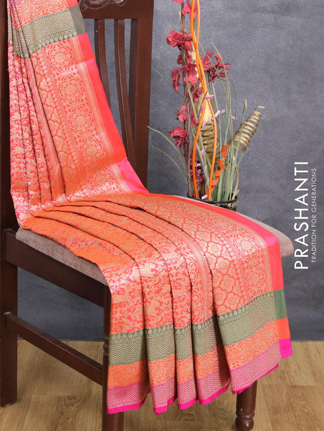Semi banarasi uppada saree dual shade of pinkish orange and tricolour with allover thread & zari brocade weaves and zari woven border - {{ collection.title }} by Prashanti Sarees