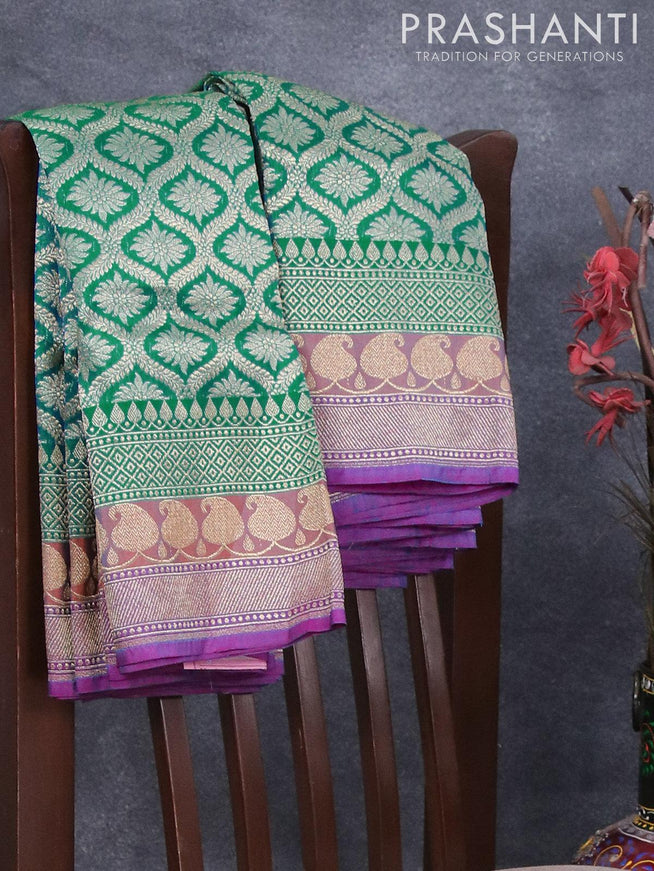 Semi banarasi uppada saree dual shade of teal blue and dark pink with allover thread & zari woven brocade weaves and zari woven border - {{ collection.title }} by Prashanti Sarees