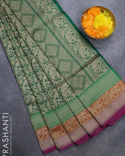 Semi banarasi uppada saree green and dark pink with allover zari woven brocade weaves and zari woven border - {{ collection.title }} by Prashanti Sarees