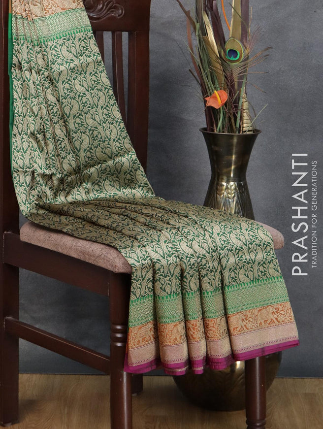 Semi banarasi uppada saree green and dark pink with allover zari woven brocade weaves and zari woven border - {{ collection.title }} by Prashanti Sarees