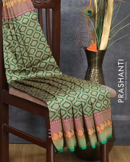 Semi banarasi uppada saree green and tricolour with allover thread & zari brocade weaves and paisley zari woven border - {{ collection.title }} by Prashanti Sarees