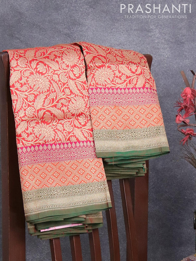 Semi banarasi uppada saree red and dual shade of green with allover floral zari woven brocade weaves and zari woven border - {{ collection.title }} by Prashanti Sarees