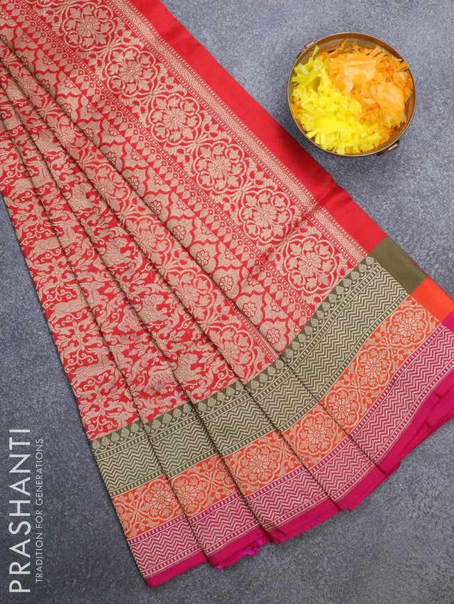 Semi banarasi uppada saree red and pink with allover zari woven vanasingaram brocade weaves and zari woven border - {{ collection.title }} by Prashanti Sarees