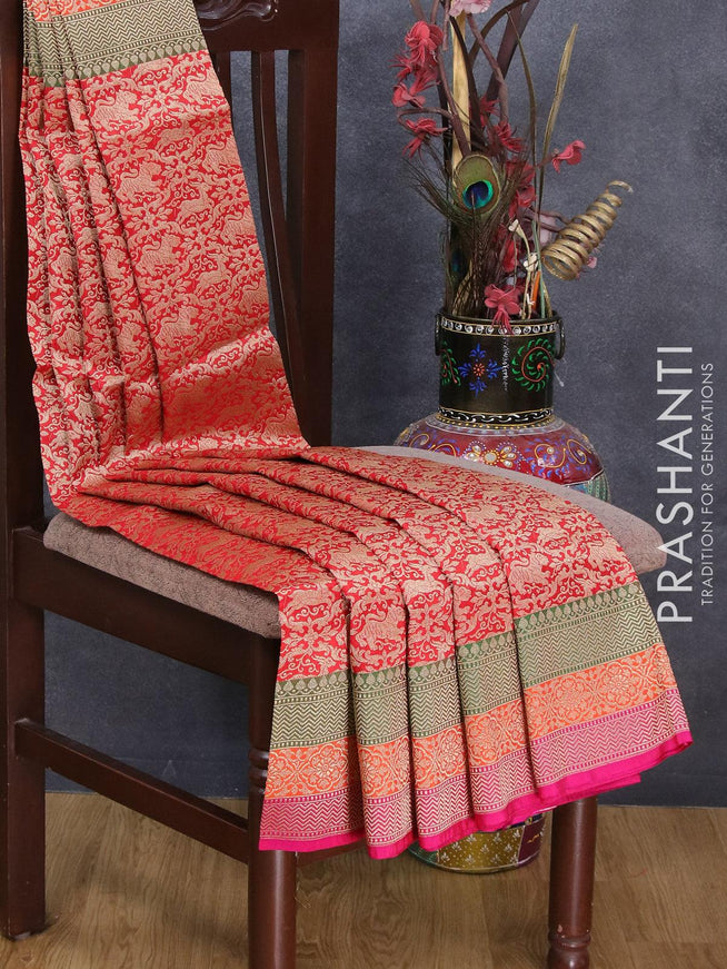 Semi banarasi uppada saree red and pink with allover zari woven vanasingaram brocade weaves and zari woven border - {{ collection.title }} by Prashanti Sarees