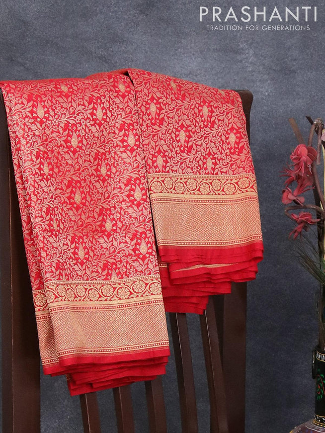 Semi banarasi uppada saree red with allover thread & zari woven brocade weaves and zari woven border - {{ collection.title }} by Prashanti Sarees