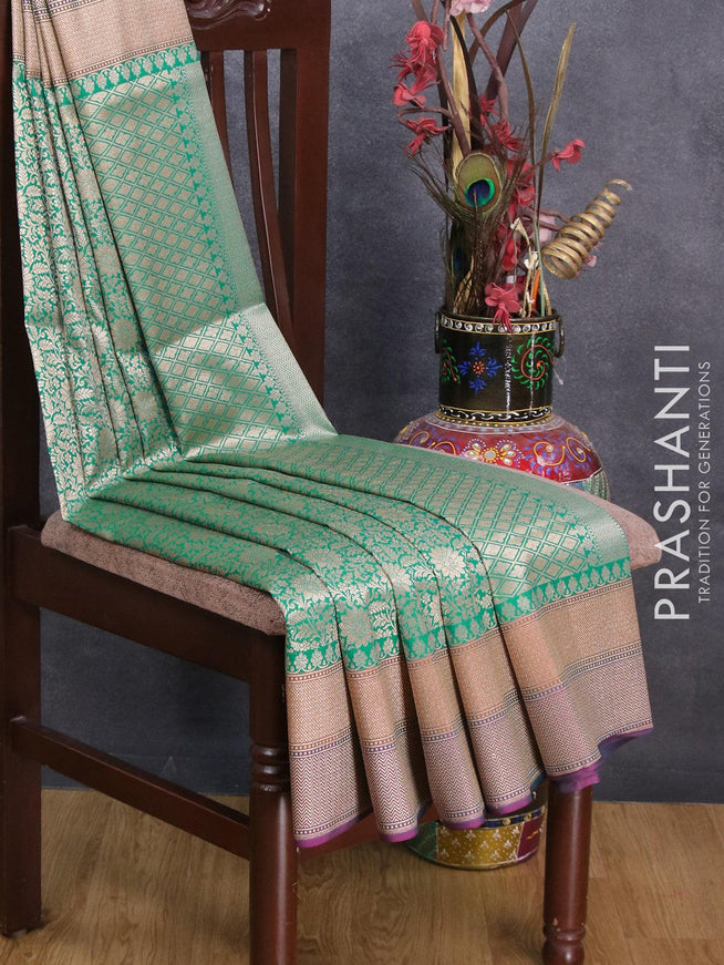 Semi banarasi uppada saree teal green and dark pink with allover floral zari woven brocade weaves and zari woven border - {{ collection.title }} by Prashanti Sarees