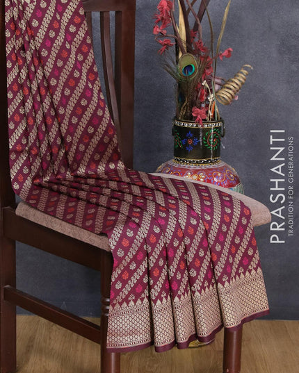 Semi banarasi uppada saree wine shade with allover thread & zari brocade weaves and woven border - {{ collection.title }} by Prashanti Sarees