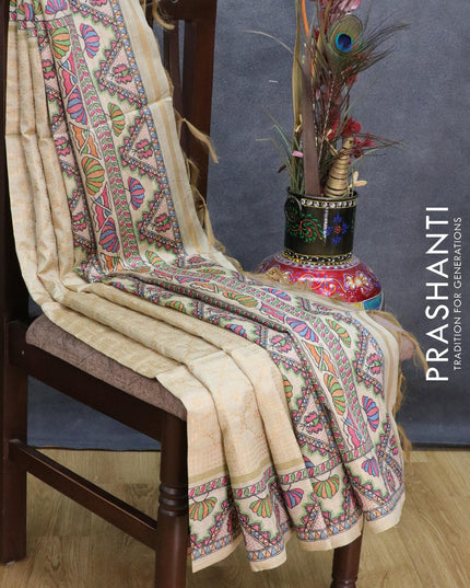 Semi chanderi saree beige with allover zari weaving and madhubani printed border - {{ collection.title }} by Prashanti Sarees