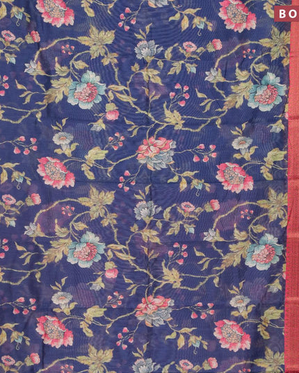 Semi chanderi saree blue and pink with allover floral prints and banarasi style border - - {{ collection.title }} by Prashanti Sarees