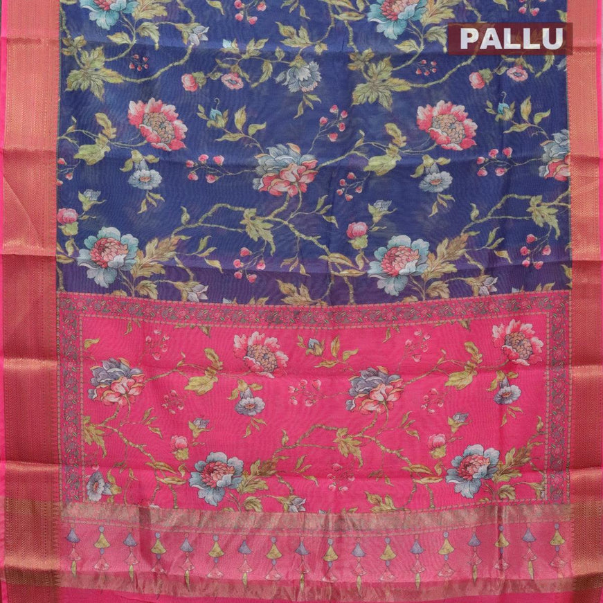 Semi chanderi saree blue and pink with allover floral prints and banarasi style border - {{ collection.title }} by Prashanti Sarees