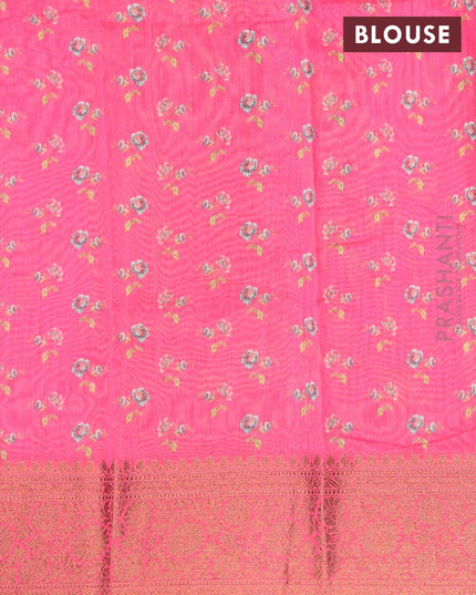Semi chanderi saree blue and pink with allover floral prints and banarasi style border - - {{ collection.title }} by Prashanti Sarees