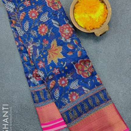 Semi chanderi saree blue and pink with allover prints and banarasi style border - {{ collection.title }} by Prashanti Sarees