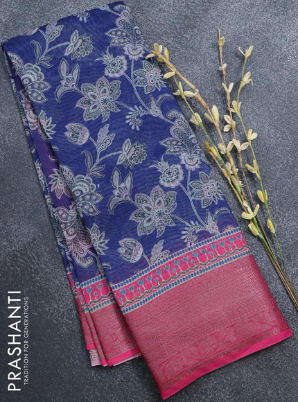 Semi chanderi saree blue and pink with allover prints and banarasi style border - - {{ collection.title }} by Prashanti Sarees