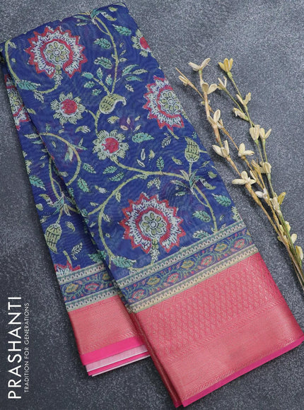 Semi chanderi saree blue and pink with allover prints and banarasi style border - - {{ collection.title }} by Prashanti Sarees