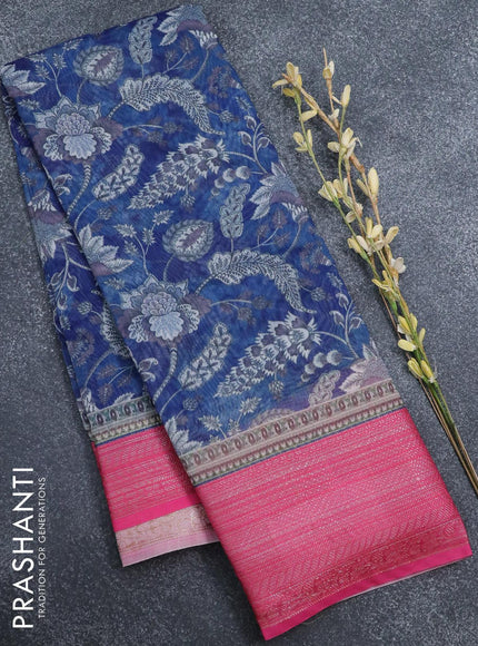 Semi chanderi saree blue and pink with allover prints and banarasi style border - - {{ collection.title }} by Prashanti Sarees