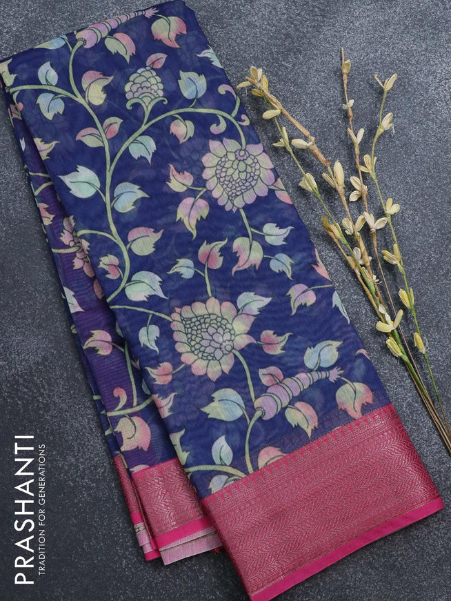 Semi chanderi saree blue and pink with allover prints and banarasi style border - - {{ collection.title }} by Prashanti Sarees