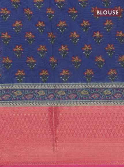 Semi chanderi saree blue and pink with allover prints and banarasi style border - - {{ collection.title }} by Prashanti Sarees