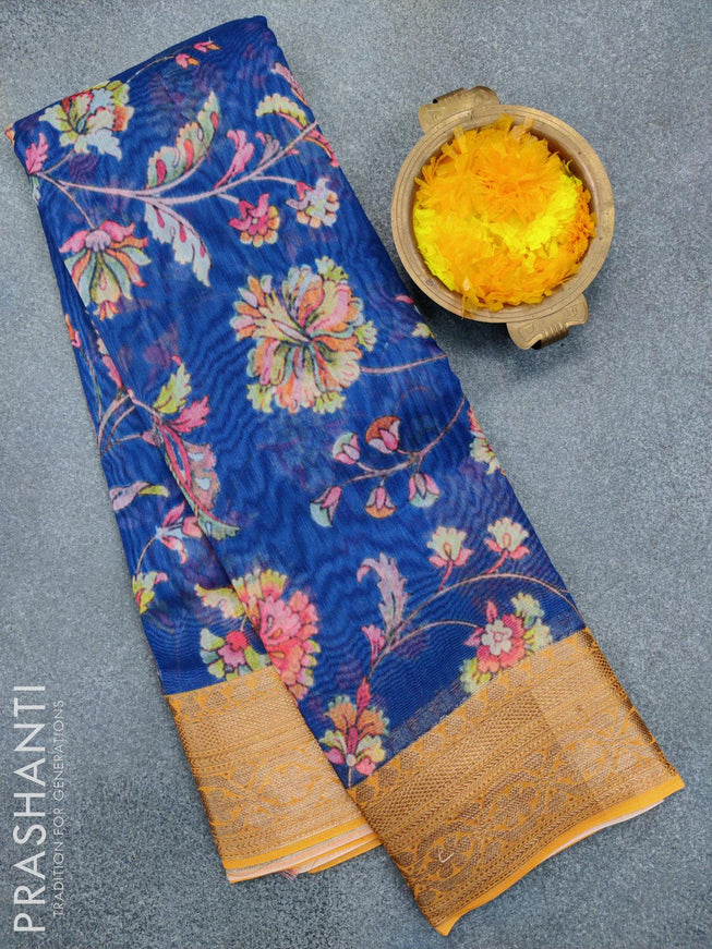 Semi chanderi saree blue and yellow with allover floral prints and banarasi style border - {{ collection.title }} by Prashanti Sarees