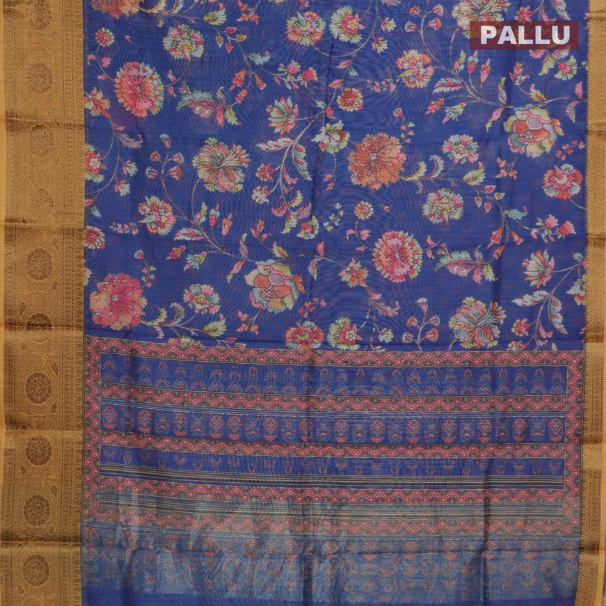 Semi chanderi saree blue and yellow with allover floral prints and banarasi style border - - {{ collection.title }} by Prashanti Sarees