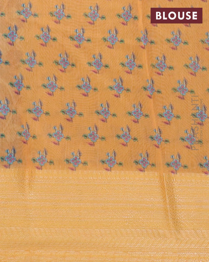 Semi chanderi saree blue and yellow with allover floral prints and banarasi style border - - {{ collection.title }} by Prashanti Sarees