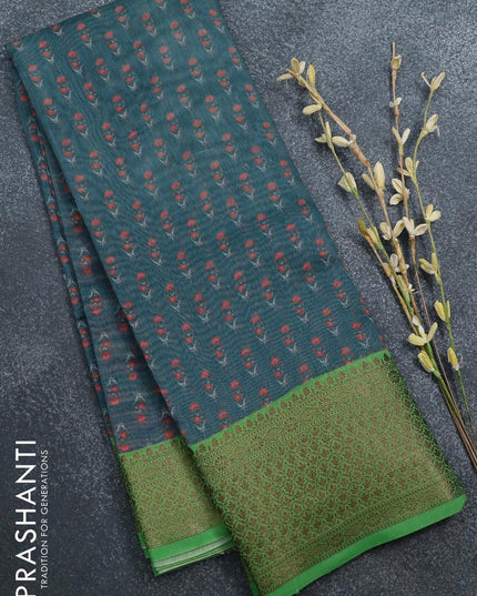 Semi chanderi saree blue shade and green with allover floral prints and banarasi style border - - {{ collection.title }} by Prashanti Sarees