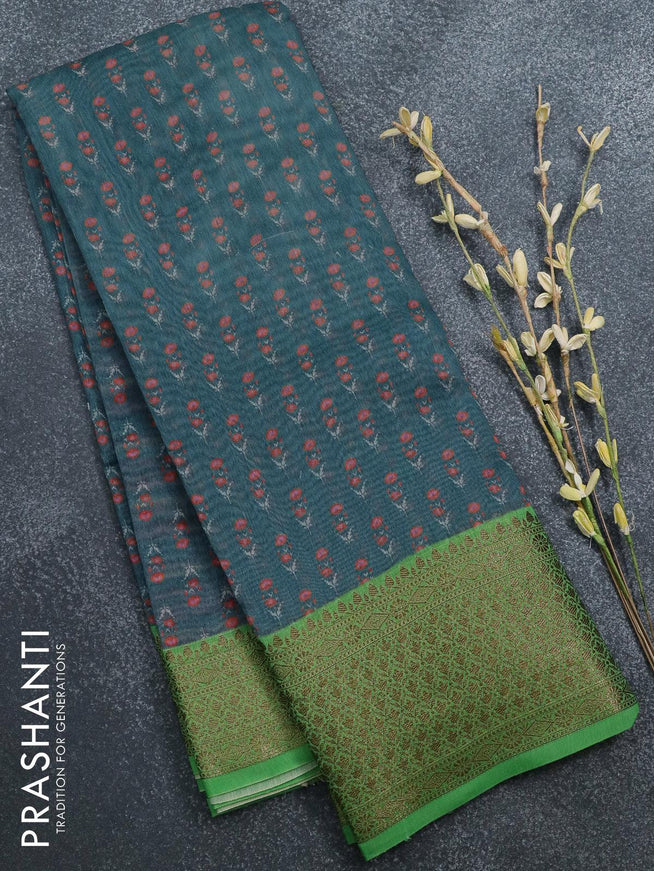 Semi chanderi saree blue shade and green with allover floral prints and banarasi style border - - {{ collection.title }} by Prashanti Sarees