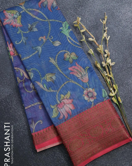 Semi chanderi saree blue shade and pink shade with allover floral prints and banarasi style border - - {{ collection.title }} by Prashanti Sarees