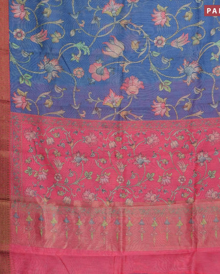 Semi chanderi saree blue shade and pink shade with allover floral prints and banarasi style border - - {{ collection.title }} by Prashanti Sarees