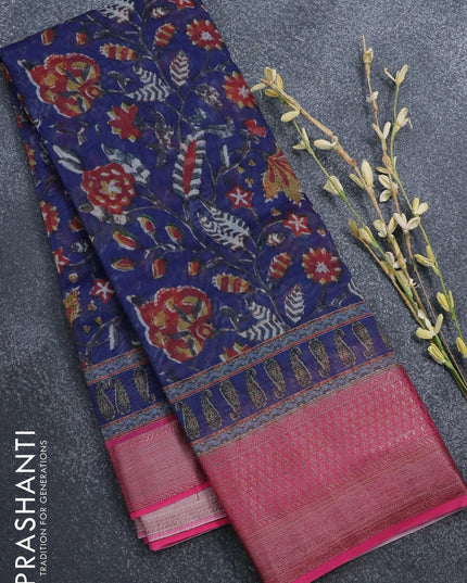 Semi chanderi saree blue shade and pink with allover prints and banarasi style border - - {{ collection.title }} by Prashanti Sarees