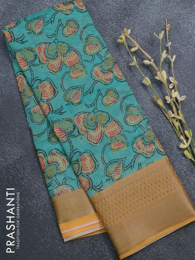 Semi chanderi saree blue shade and yellow with allover prints and banarasi style border - - {{ collection.title }} by Prashanti Sarees