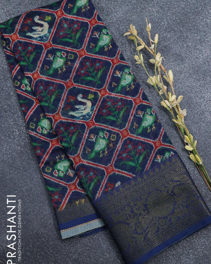Semi chanderi saree blue with allover floral prints and banarasi style border - - {{ collection.title }} by Prashanti Sarees