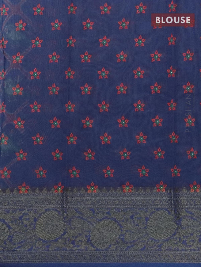 Semi chanderi saree blue with allover floral prints and banarasi style border - - {{ collection.title }} by Prashanti Sarees