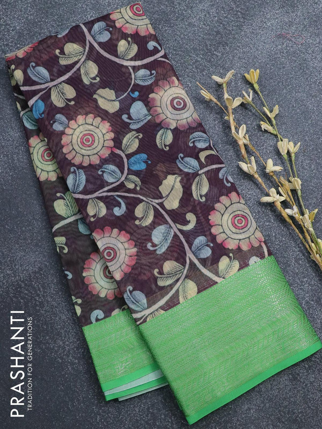 Semi chanderi saree brown and green with allover floral prints and banarasi style border - - {{ collection.title }} by Prashanti Sarees