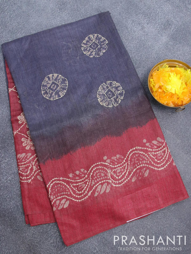 Semi chanderi saree brown and maroon shade with batik prints & kantha stitch work and woven border - {{ collection.title }} by Prashanti Sarees
