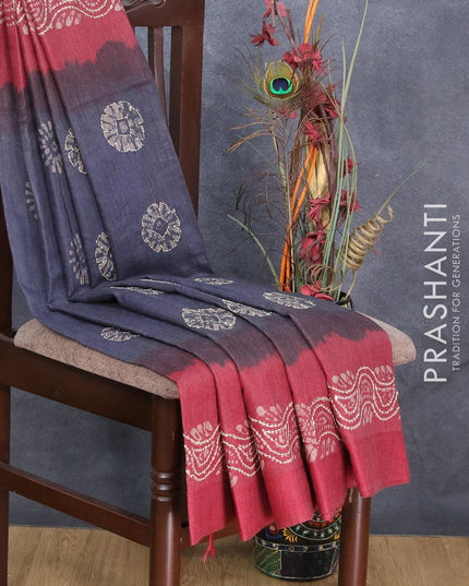Semi chanderi saree brown and maroon shade with batik prints & kantha stitch work and woven border - {{ collection.title }} by Prashanti Sarees