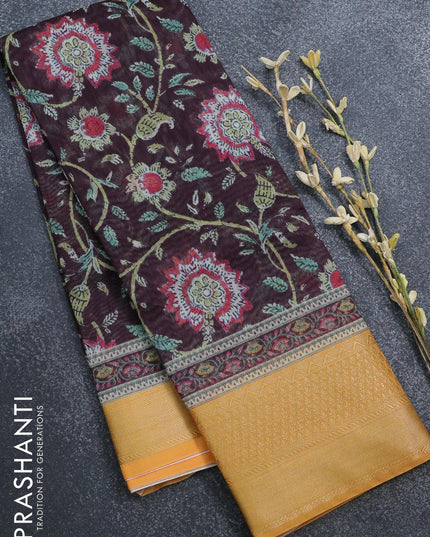 Semi chanderi saree brown and yellow with allover prints and banarasi style border - - {{ collection.title }} by Prashanti Sarees