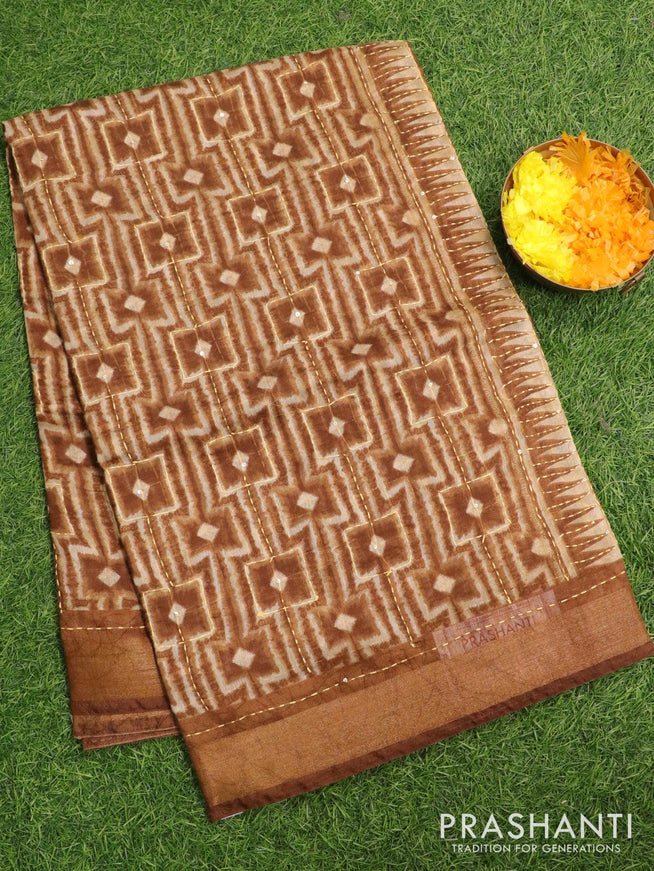 Semi chanderi saree brown shade with geometric prints & kantha stitch work and zari woven border - {{ collection.title }} by Prashanti Sarees