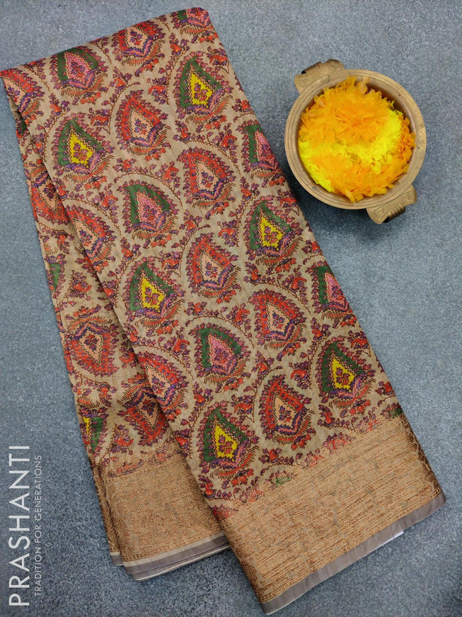 Semi chanderi saree dark beige with allover prints and banarasi style border - {{ collection.title }} by Prashanti Sarees