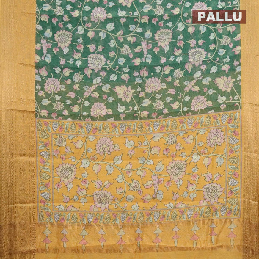 Semi chanderi saree dark green and yellow with allover kalamkari prints and banarasi style border - {{ collection.title }} by Prashanti Sarees