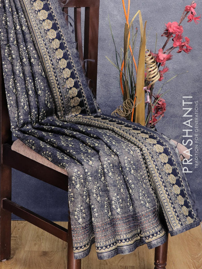 Semi chanderi saree dark grey with allover floral butta prints and kantha stitch work border - {{ collection.title }} by Prashanti Sarees