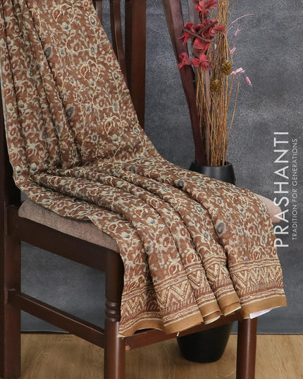 Semi chanderi saree dark mustard and brown shade with allover batik prints & kantha stitch work and simple border - {{ collection.title }} by Prashanti Sarees