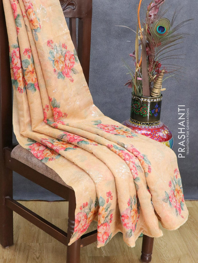 Semi chanderi saree dark sandal with allover floral butta prints & chamki work - {{ collection.title }} by Prashanti Sarees