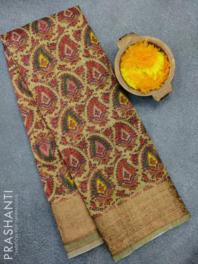 Semi chanderi saree elaichi green shade with allover prints and banarasi style border - {{ collection.title }} by Prashanti Sarees