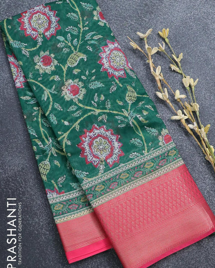 Semi chanderi saree green and candy pink with allover prints and banarasi style border - - {{ collection.title }} by Prashanti Sarees