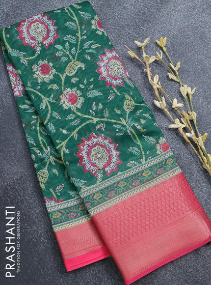 Semi chanderi saree green and candy pink with allover prints and banarasi style border - - {{ collection.title }} by Prashanti Sarees