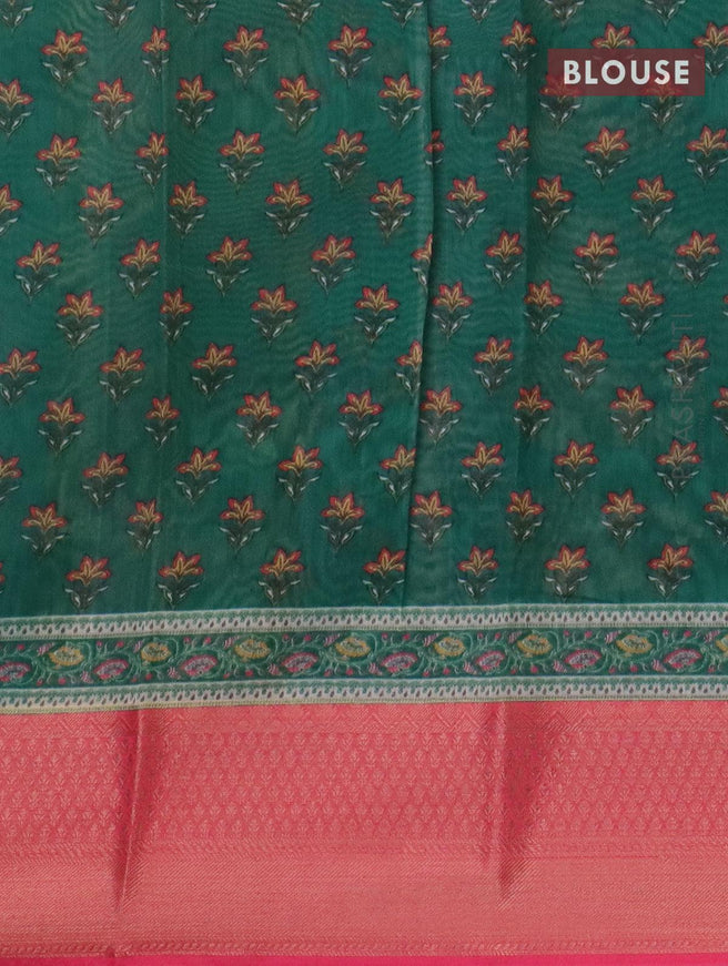 Semi chanderi saree green and candy pink with allover prints and banarasi style border - - {{ collection.title }} by Prashanti Sarees