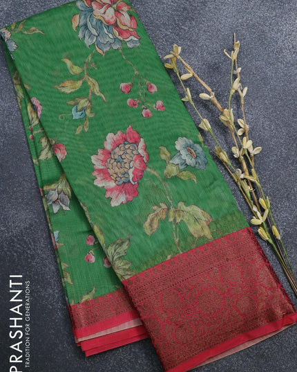 Semi chanderi saree green and maroon with allover floral prints and banarasi style border - - {{ collection.title }} by Prashanti Sarees
