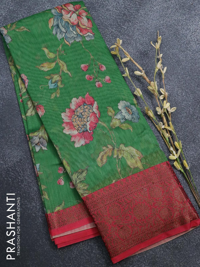 Semi chanderi saree green and maroon with allover floral prints and banarasi style border - - {{ collection.title }} by Prashanti Sarees