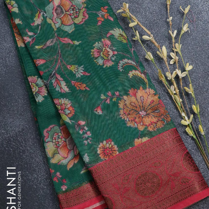 Semi chanderi saree green and pink shade with allover floral prints and banarasi style border - - {{ collection.title }} by Prashanti Sarees