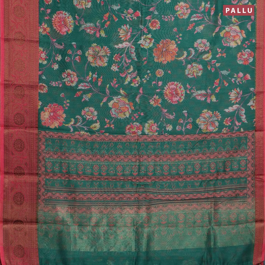 Semi chanderi saree green and pink shade with allover floral prints and banarasi style border - - {{ collection.title }} by Prashanti Sarees